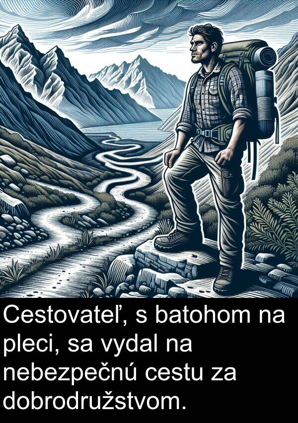 dobrodružstvom: Cestovateľ, s batohom na pleci, sa vydal na nebezpečnú cestu za dobrodružstvom.