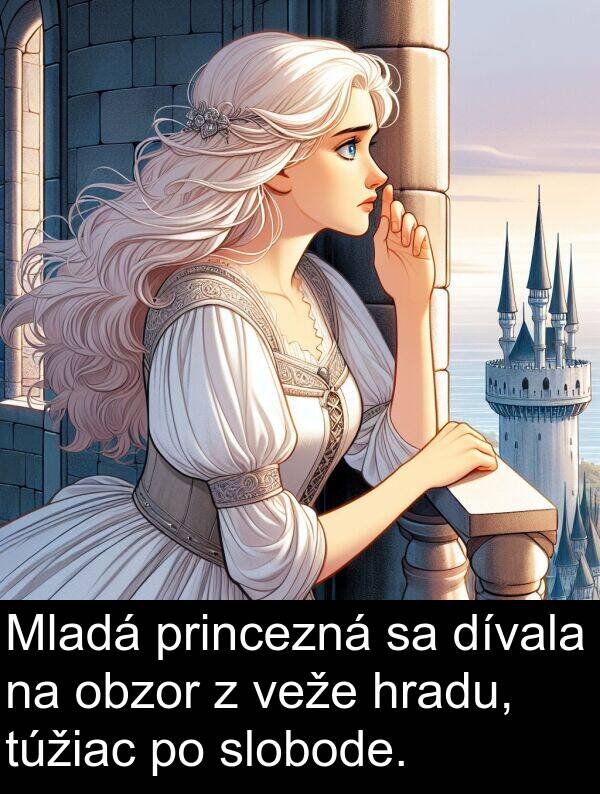 slobode: Mladá princezná sa dívala na obzor z veže hradu, túžiac po slobode.
