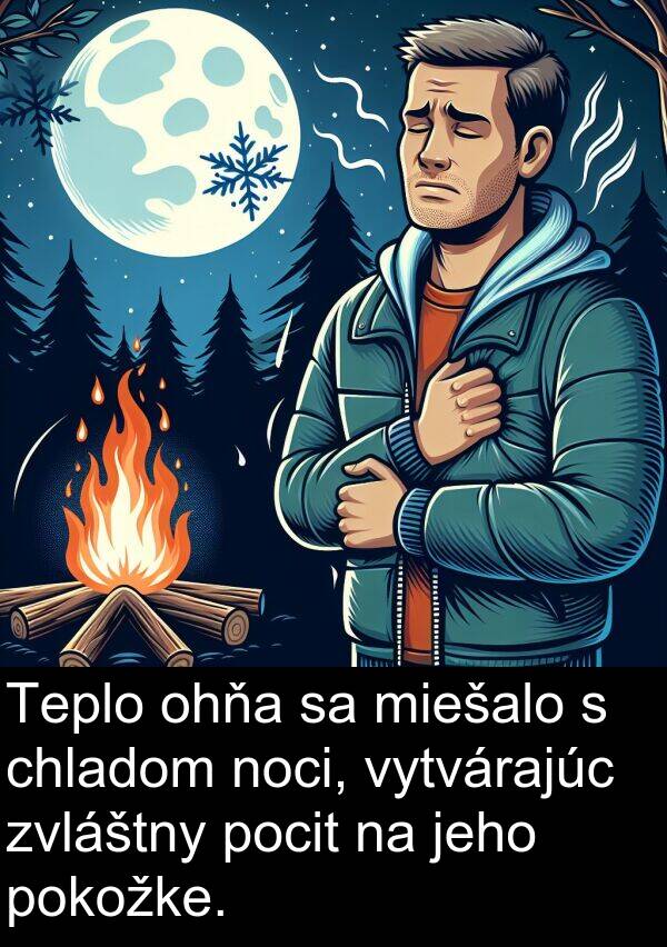 noci: Teplo ohňa sa miešalo s chladom noci, vytvárajúc zvláštny pocit na jeho pokožke.