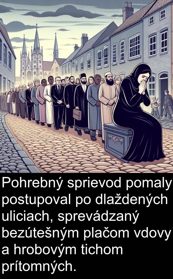 bezútešným: Pohrebný sprievod pomaly postupoval po dlaždených uliciach, sprevádzaný bezútešným plačom vdovy a hrobovým tichom prítomných.