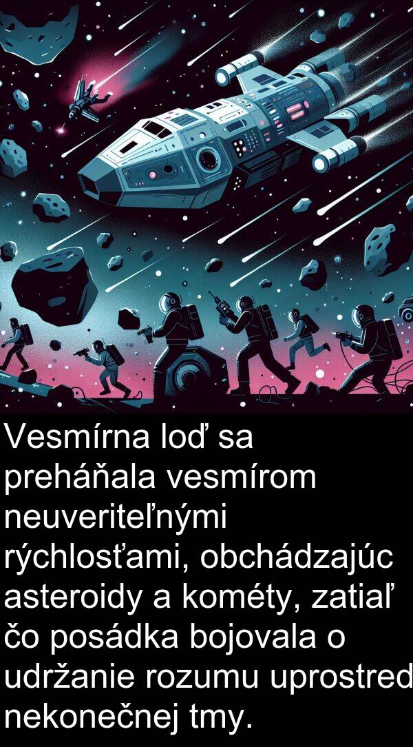 obchádzajúc: Vesmírna loď sa preháňala vesmírom neuveriteľnými rýchlosťami, obchádzajúc asteroidy a kométy, zatiaľ čo posádka bojovala o udržanie rozumu uprostred nekonečnej tmy.