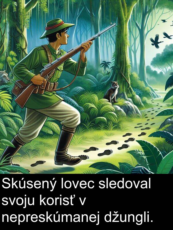 sledoval: Skúsený lovec sledoval svoju korisť v nepreskúmanej džungli.