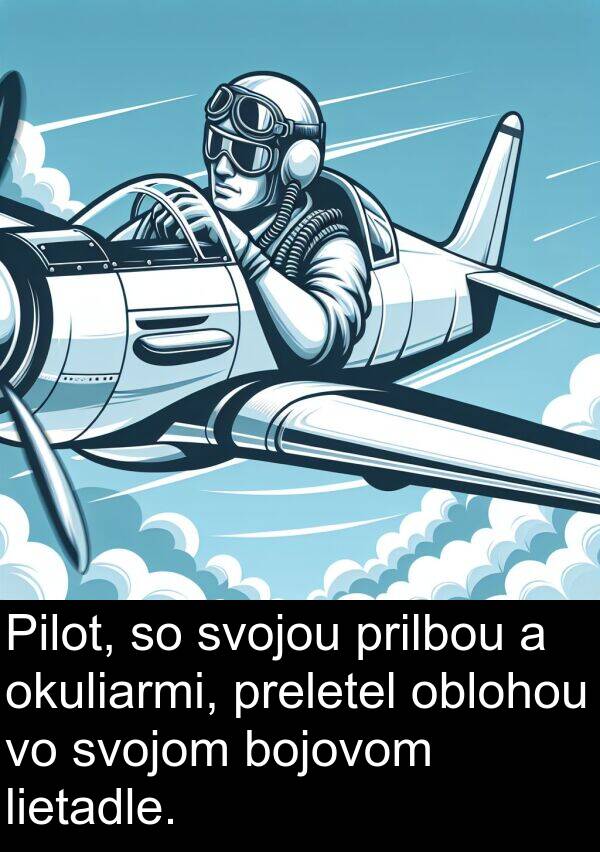 oblohou: Pilot, so svojou prilbou a okuliarmi, preletel oblohou vo svojom bojovom lietadle.