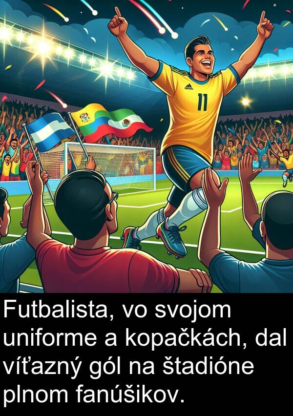 štadióne: Futbalista, vo svojom uniforme a kopačkách, dal víťazný gól na štadióne plnom fanúšikov.
