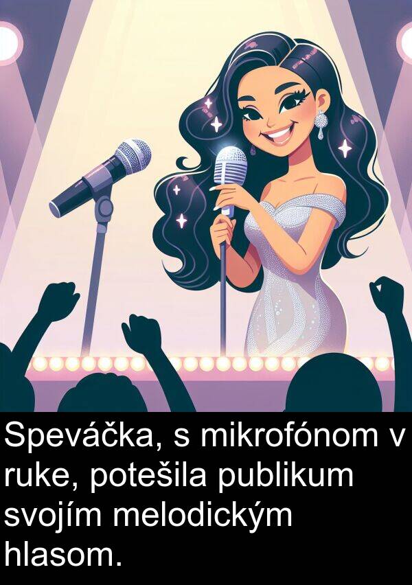 hlasom: Speváčka, s mikrofónom v ruke, potešila publikum svojím melodickým hlasom.
