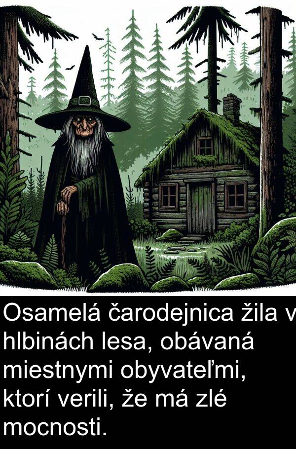 čarodejnica: Osamelá čarodejnica žila v hlbinách lesa, obávaná miestnymi obyvateľmi, ktorí verili, že má zlé mocnosti.