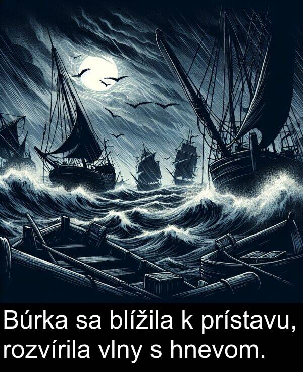 vlny: Búrka sa blížila k prístavu, rozvírila vlny s hnevom.