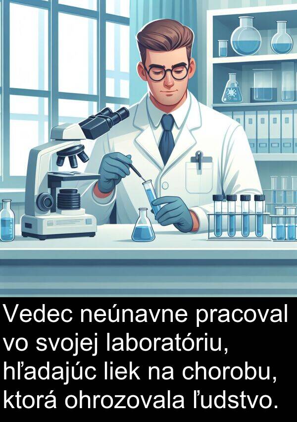 laboratóriu: Vedec neúnavne pracoval vo svojej laboratóriu, hľadajúc liek na chorobu, ktorá ohrozovala ľudstvo.