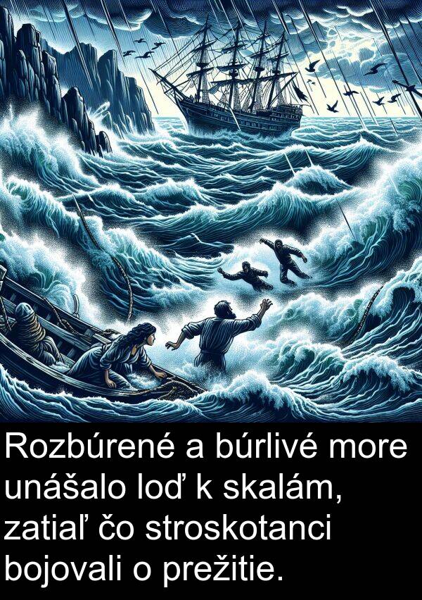 skalám: Rozbúrené a búrlivé more unášalo loď k skalám, zatiaľ čo stroskotanci bojovali o prežitie.