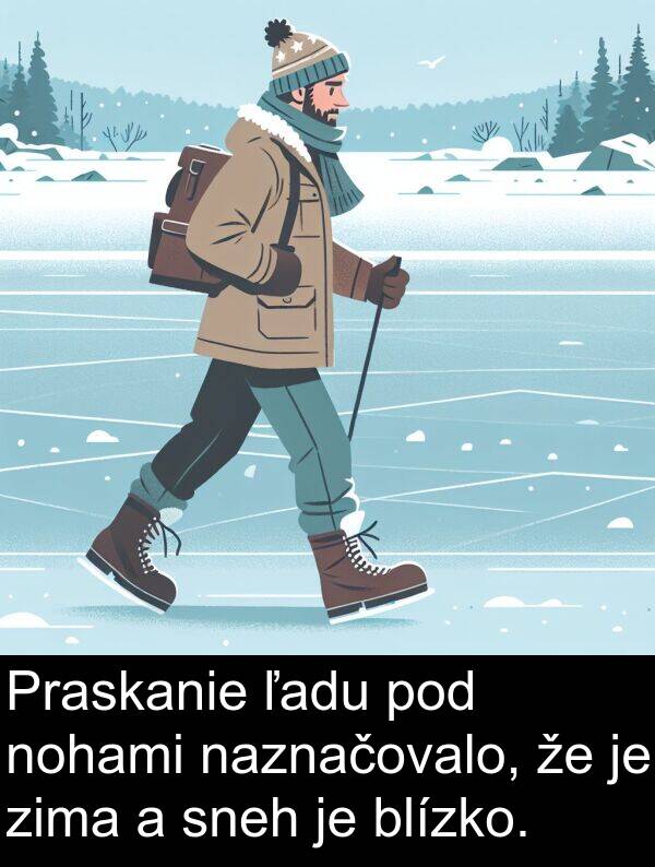 naznačovalo: Praskanie ľadu pod nohami naznačovalo, že je zima a sneh je blízko.