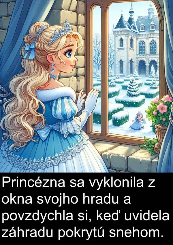 snehom: Princézna sa vyklonila z okna svojho hradu a povzdychla si, keď uvidela záhradu pokrytú snehom.
