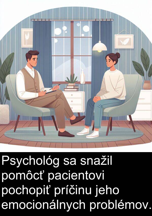 príčinu: Psychológ sa snažil pomôcť pacientovi pochopiť príčinu jeho emocionálnych problémov.