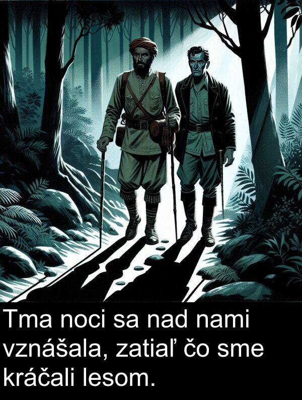 nad: Tma noci sa nad nami vznášala, zatiaľ čo sme kráčali lesom.
