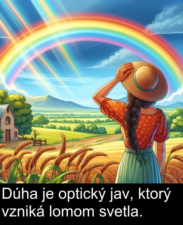 svetla: Dúha je optický jav, ktorý vzniká lomom svetla.