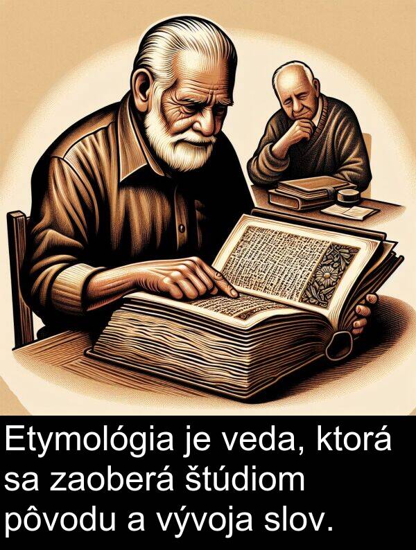 zaoberá: Etymológia je veda, ktorá sa zaoberá štúdiom pôvodu a vývoja slov.