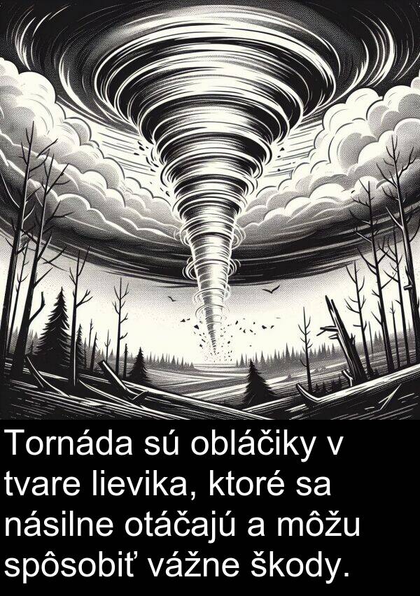 lievika: Tornáda sú obláčiky v tvare lievika, ktoré sa násilne otáčajú a môžu spôsobiť vážne škody.