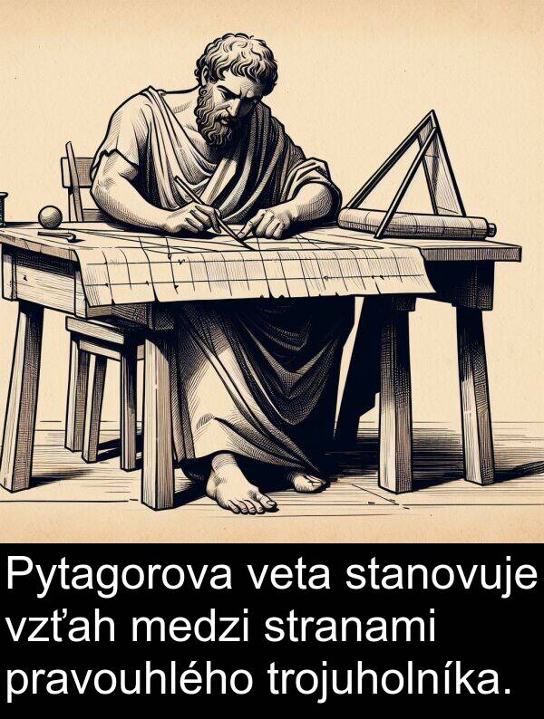 veta: Pytagorova veta stanovuje vzťah medzi stranami pravouhlého trojuholníka.