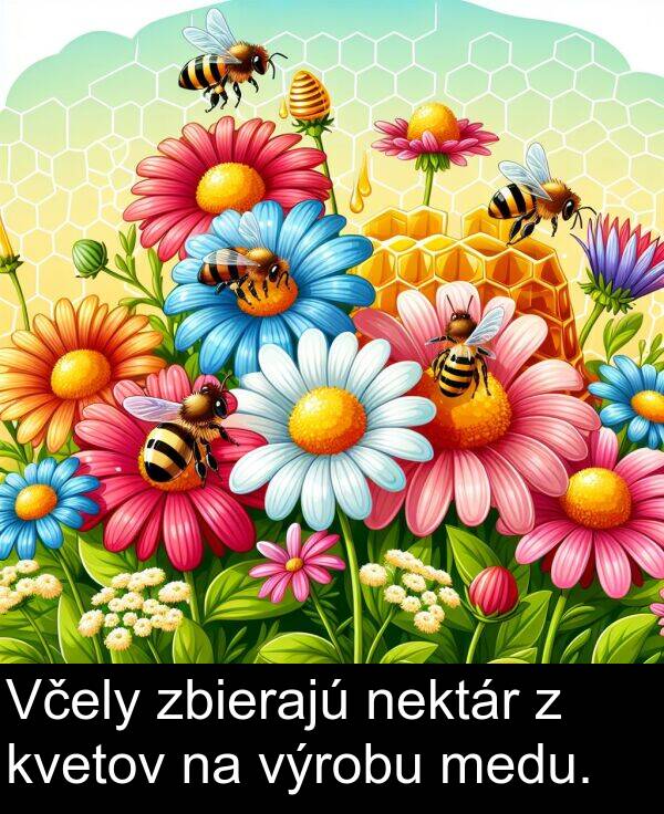 výrobu: Včely zbierajú nektár z kvetov na výrobu medu.