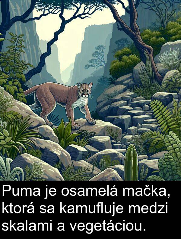kamufluje: Puma je osamelá mačka, ktorá sa kamufluje medzi skalami a vegetáciou.