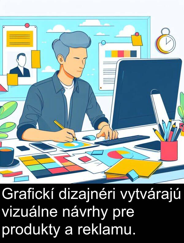 vytvárajú: Grafickí dizajnéri vytvárajú vizuálne návrhy pre produkty a reklamu.