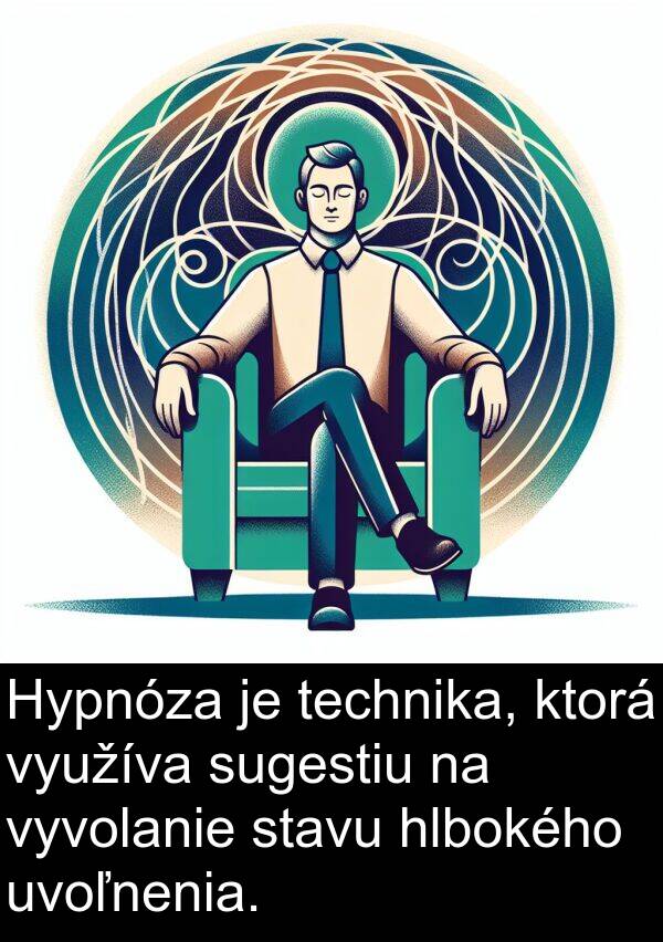 sugestiu: Hypnóza je technika, ktorá využíva sugestiu na vyvolanie stavu hlbokého uvoľnenia.