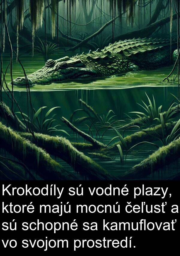 čeľusť: Krokodíly sú vodné plazy, ktoré majú mocnú čeľusť a sú schopné sa kamuflovať vo svojom prostredí.