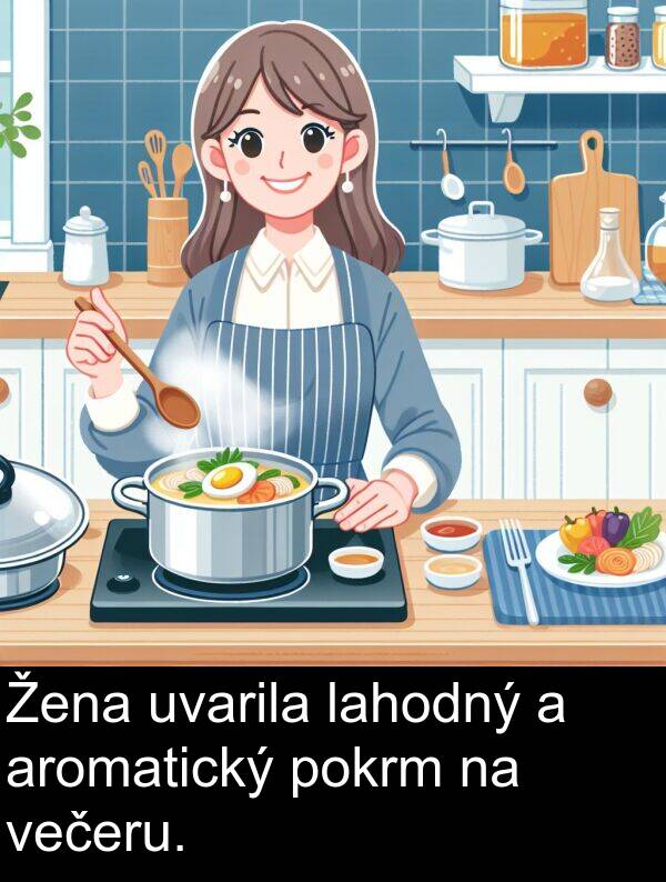 lahodný: Žena uvarila lahodný a aromatický pokrm na večeru.