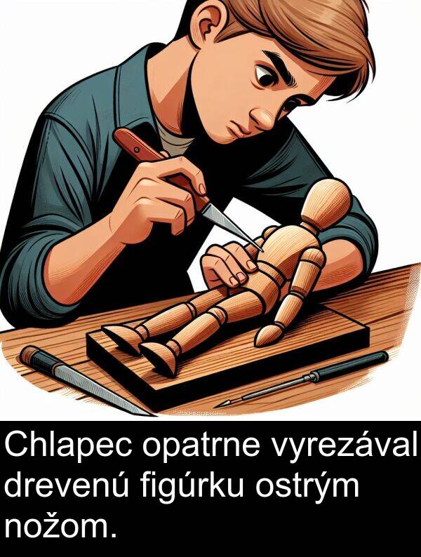 figúrku: Chlapec opatrne vyrezával drevenú figúrku ostrým nožom.