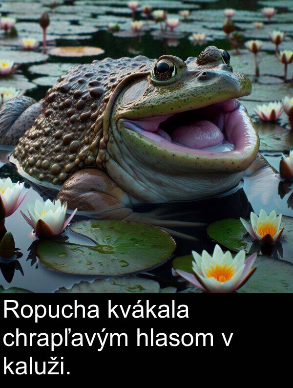 kaluži: Ropucha kvákala chrapľavým hlasom v kaluži.