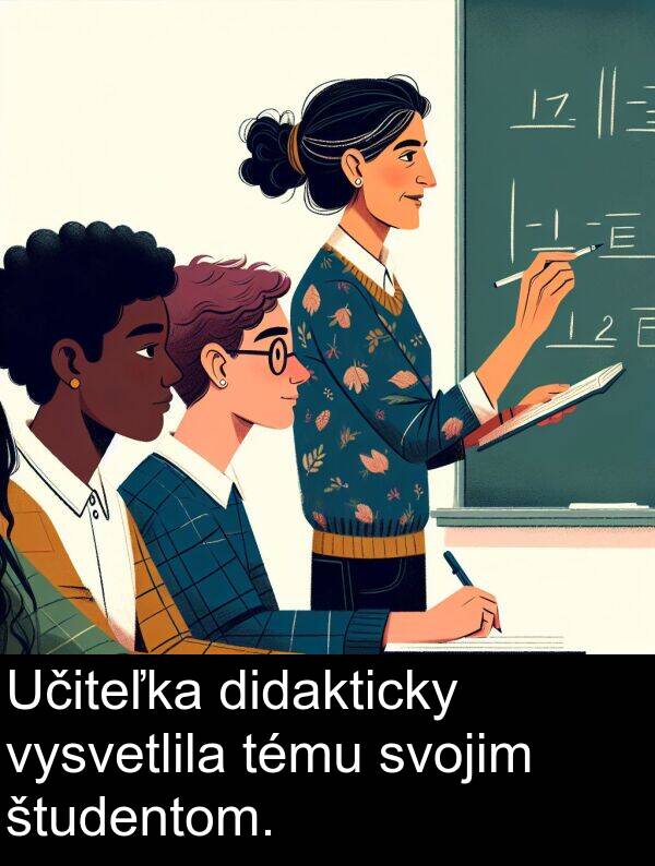 vysvetlila: Učiteľka didakticky vysvetlila tému svojim študentom.