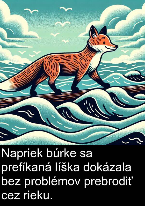 rieku: Napriek búrke sa prefíkaná líška dokázala bez problémov prebrodiť cez rieku.