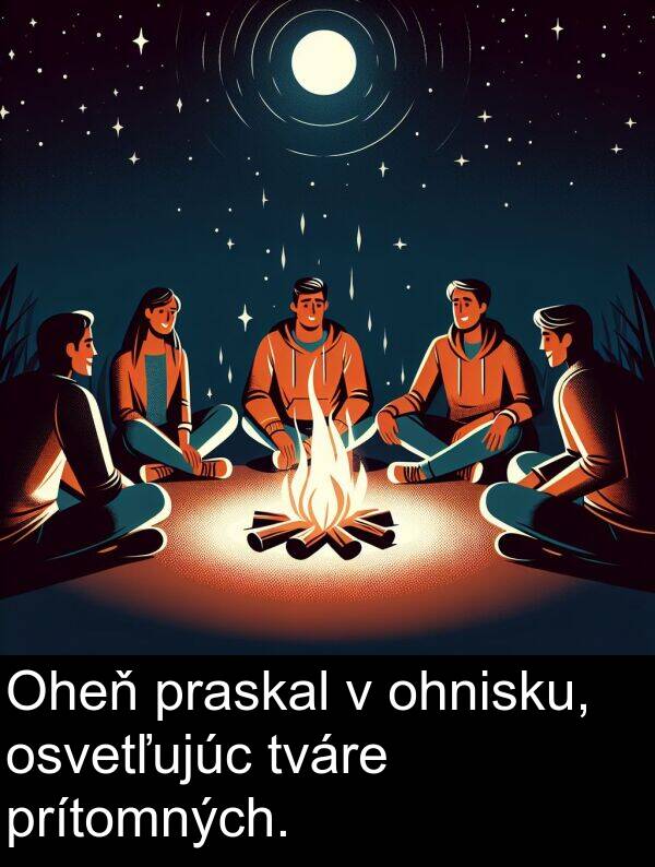 ohnisku: Oheň praskal v ohnisku, osvetľujúc tváre prítomných.