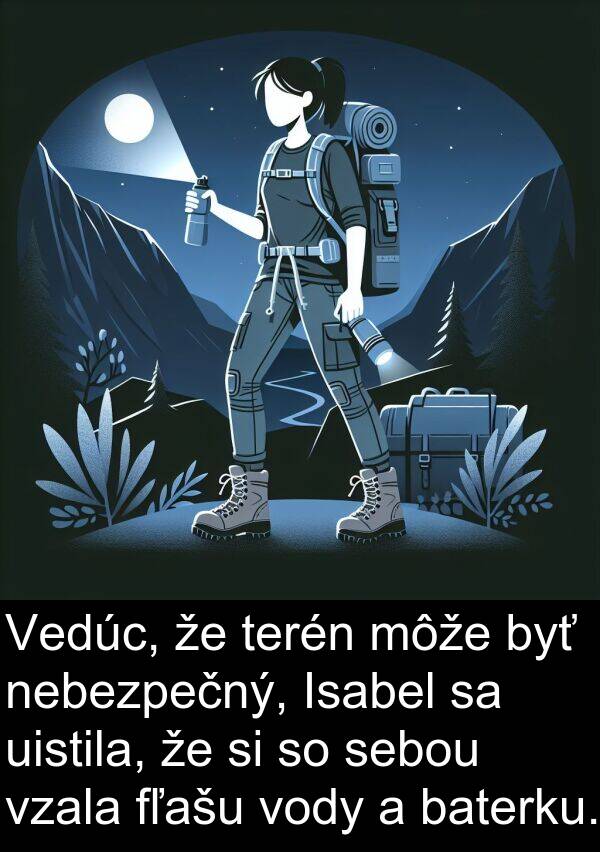 terén: Vedúc, že terén môže byť nebezpečný, Isabel sa uistila, že si so sebou vzala fľašu vody a baterku.