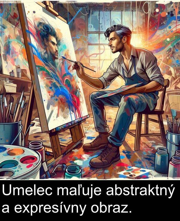 abstraktný: Umelec maľuje abstraktný a expresívny obraz.