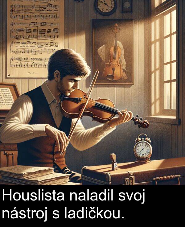 ladičkou: Houslista naladil svoj nástroj s ladičkou.