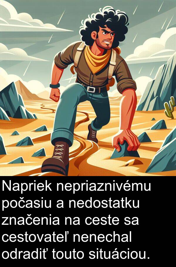 ceste: Napriek nepriaznivému počasiu a nedostatku značenia na ceste sa cestovateľ nenechal odradiť touto situáciou.