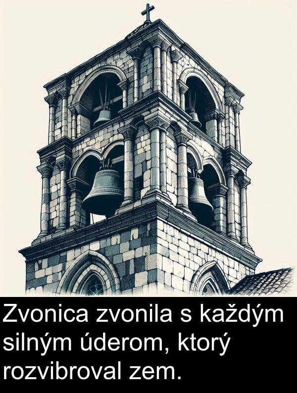 silným: Zvonica zvonila s každým silným úderom, ktorý rozvibroval zem.
