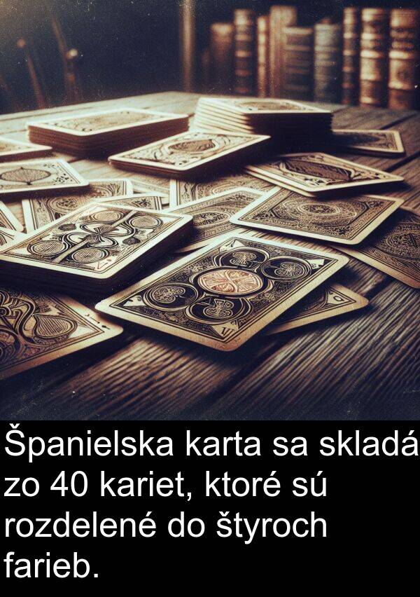 farieb: Španielska karta sa skladá zo 40 kariet, ktoré sú rozdelené do štyroch farieb.