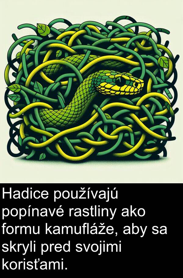 formu: Hadice používajú popínavé rastliny ako formu kamufláže, aby sa skryli pred svojimi korisťami.