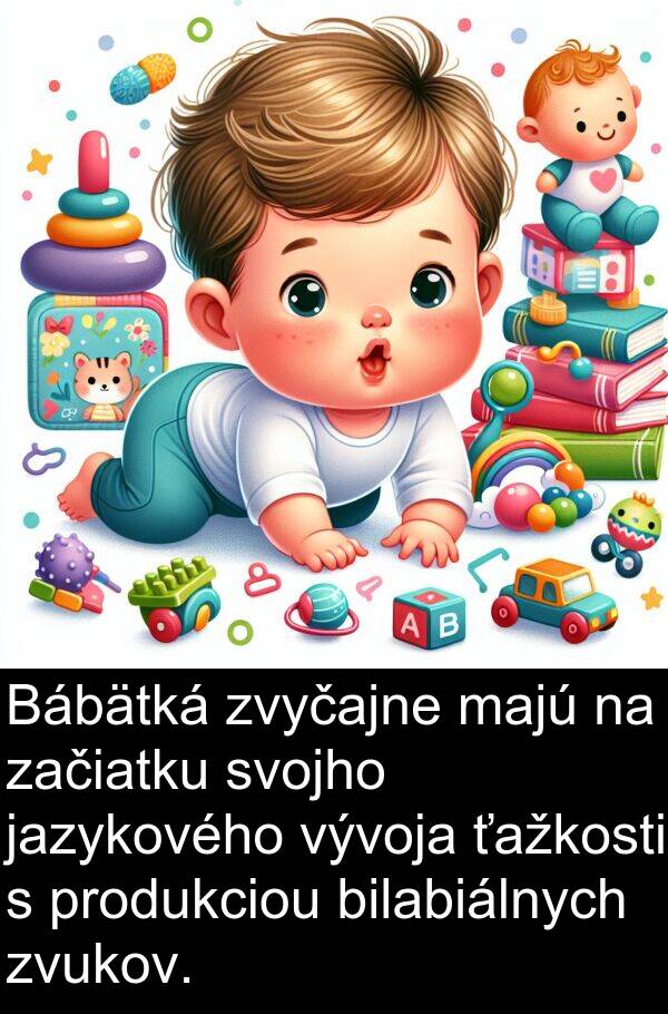 jazykového: Bábätká zvyčajne majú na začiatku svojho jazykového vývoja ťažkosti s produkciou bilabiálnych zvukov.