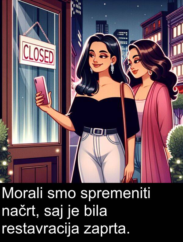 načrt: Morali smo spremeniti načrt, saj je bila restavracija zaprta.
