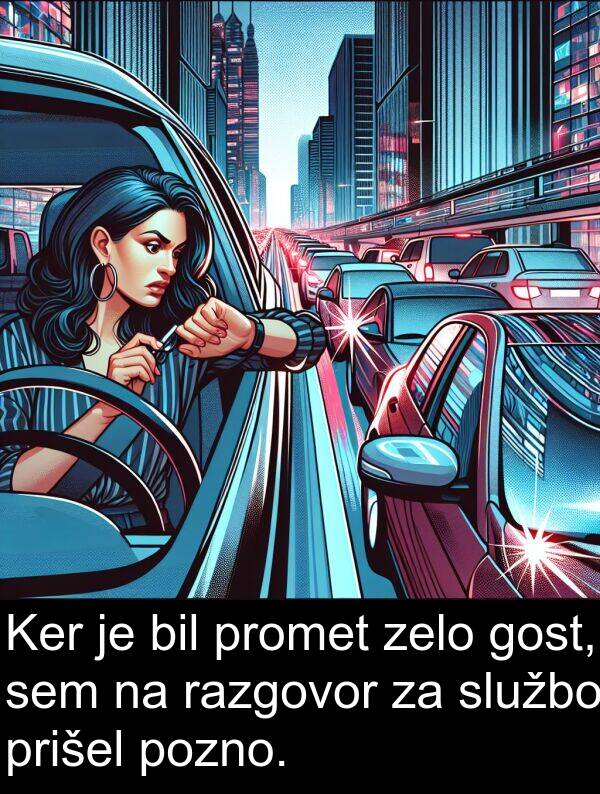 službo: Ker je bil promet zelo gost, sem na razgovor za službo prišel pozno.