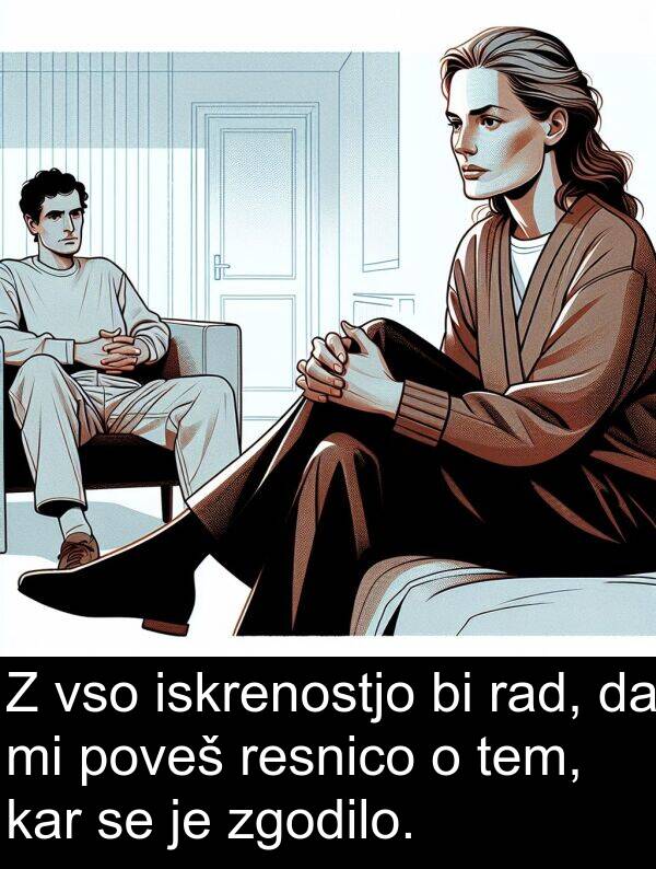 rad: Z vso iskrenostjo bi rad, da mi poveš resnico o tem, kar se je zgodilo.
