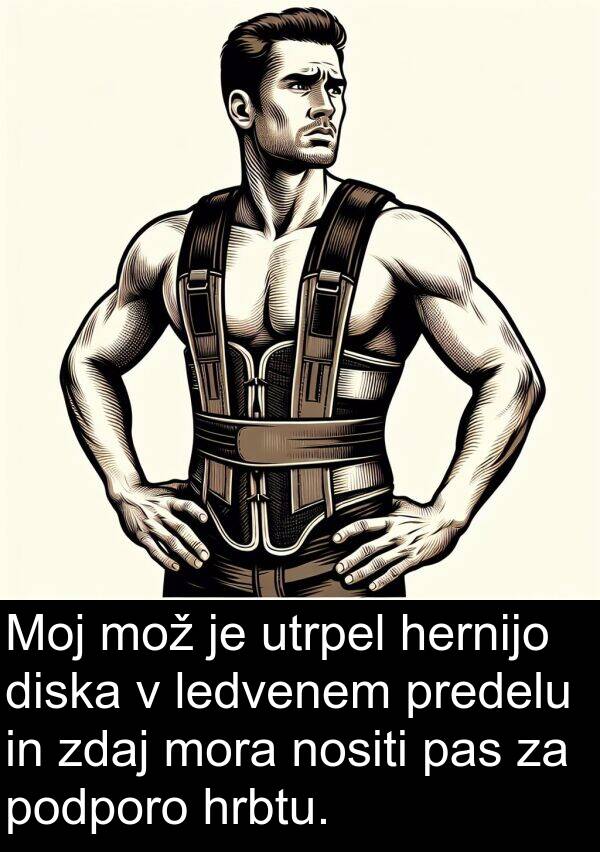 ledvenem: Moj mož je utrpel hernijo diska v ledvenem predelu in zdaj mora nositi pas za podporo hrbtu.
