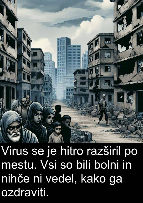 kako: Virus se je hitro razširil po mestu. Vsi so bili bolni in nihče ni vedel, kako ga ozdraviti.