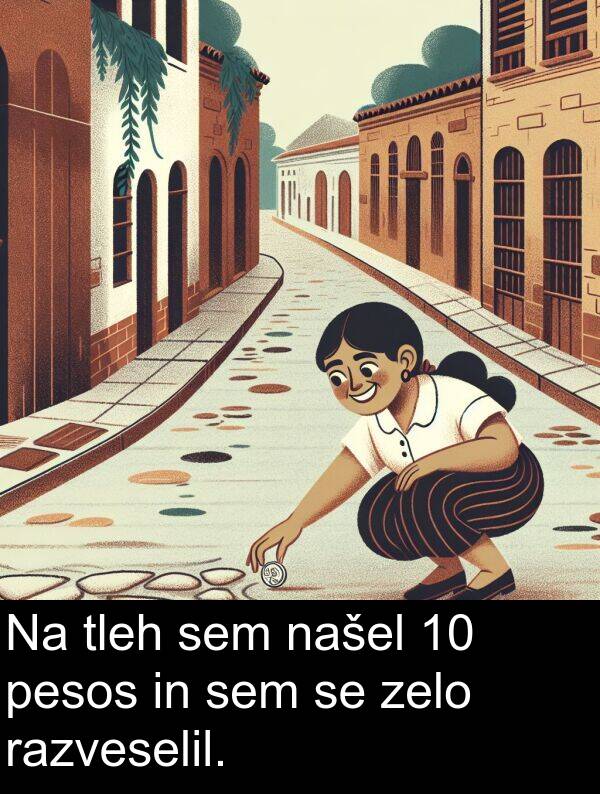 našel: Na tleh sem našel 10 pesos in sem se zelo razveselil.