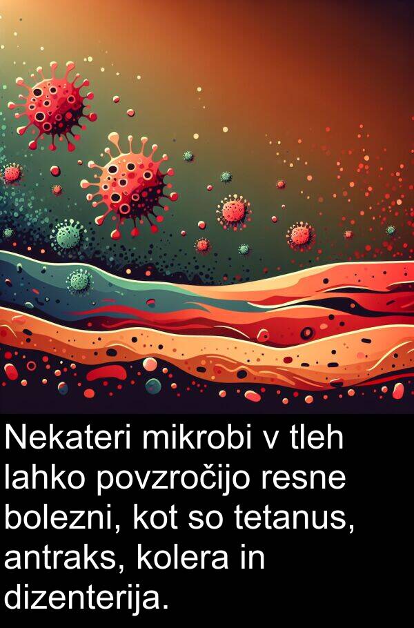mikrobi: Nekateri mikrobi v tleh lahko povzročijo resne bolezni, kot so tetanus, antraks, kolera in dizenterija.