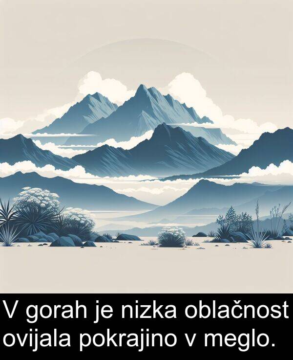 meglo: V gorah je nizka oblačnost ovijala pokrajino v meglo.