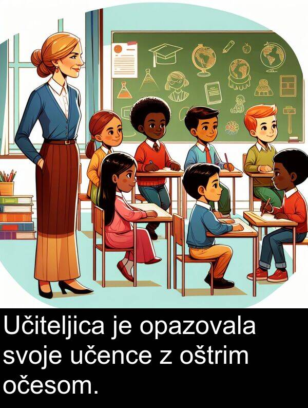 opazovala: Učiteljica je opazovala svoje učence z oštrim očesom.