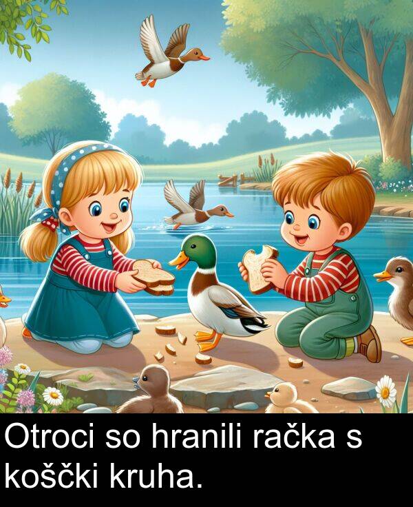 račka: Otroci so hranili račka s koščki kruha.